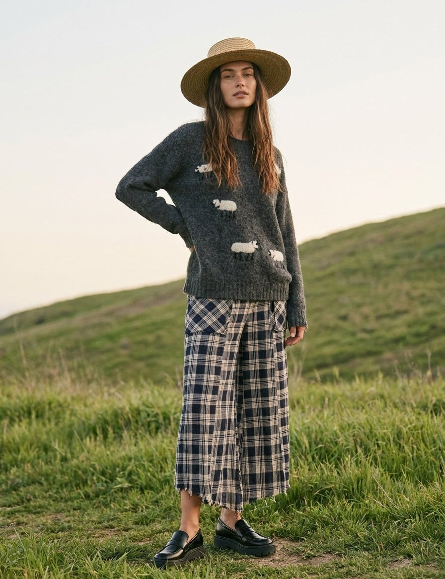 Harvest Washed Plaid Wide Leg Culottes - Westly
