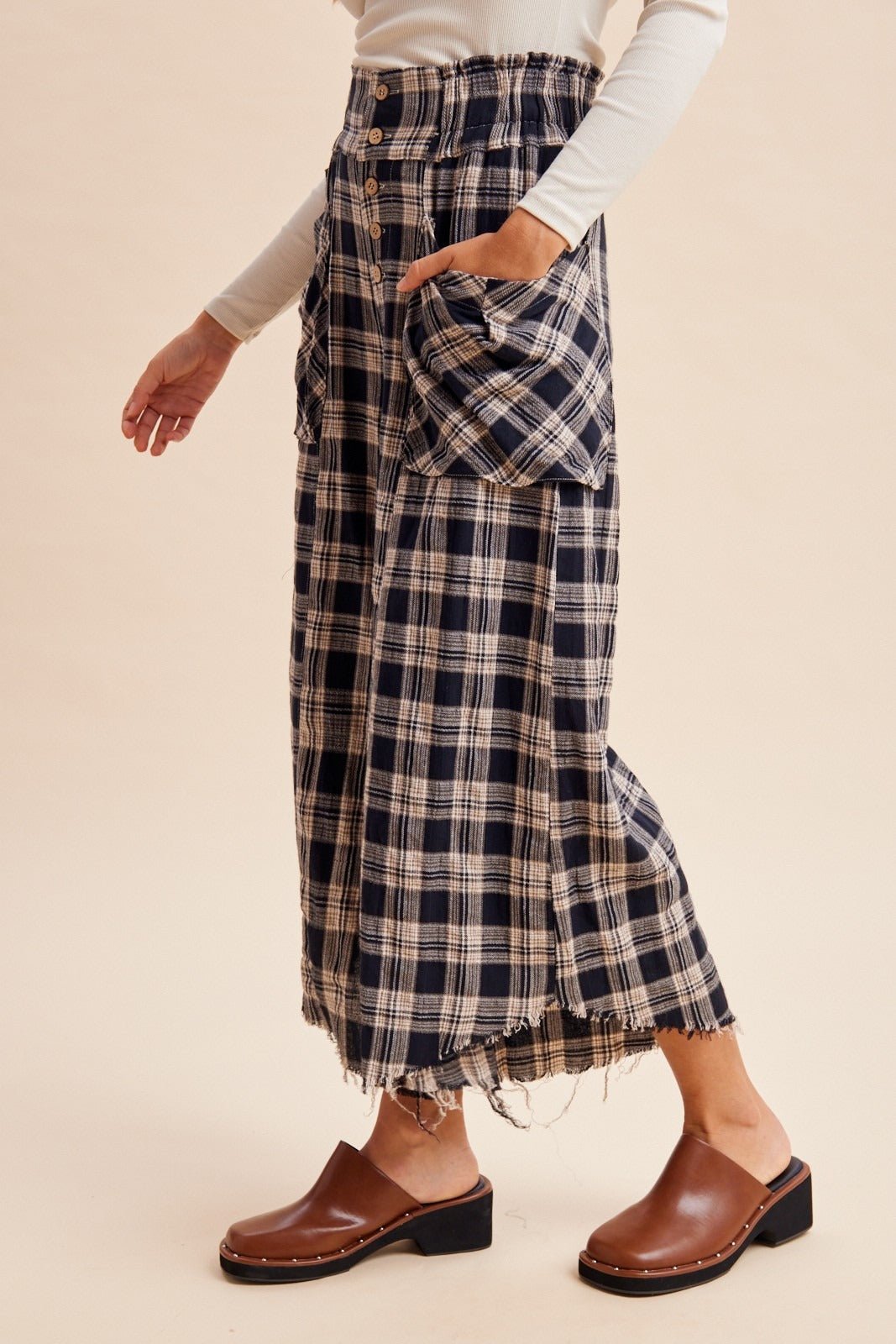 Harvest Washed Plaid Wide Leg Culottes - Westly