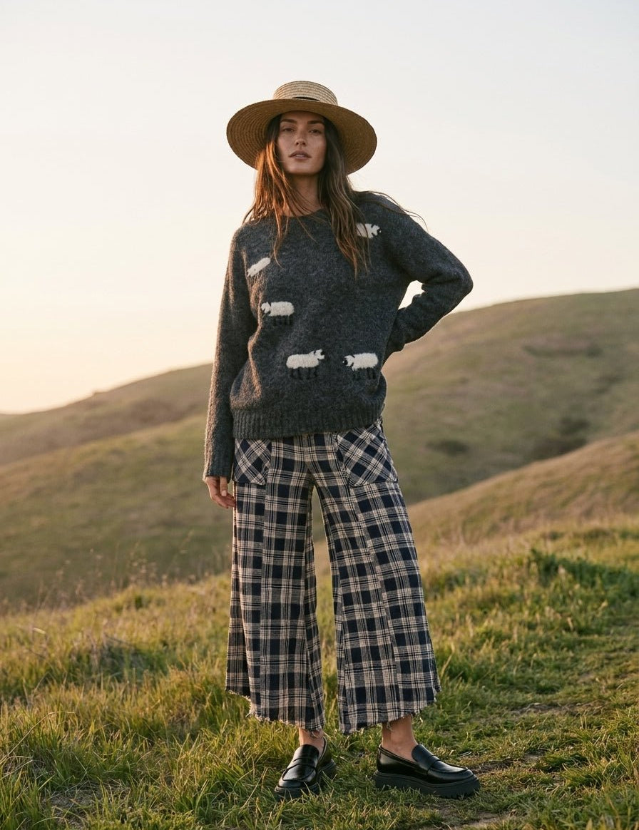 Harvest Washed Plaid Wide Leg Culottes - Westly