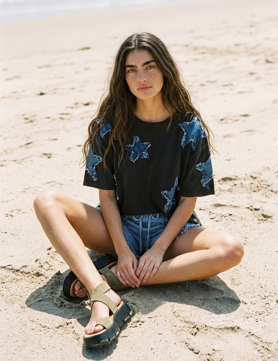 Hayden Denim Star Patch Oversized Tee - Westly