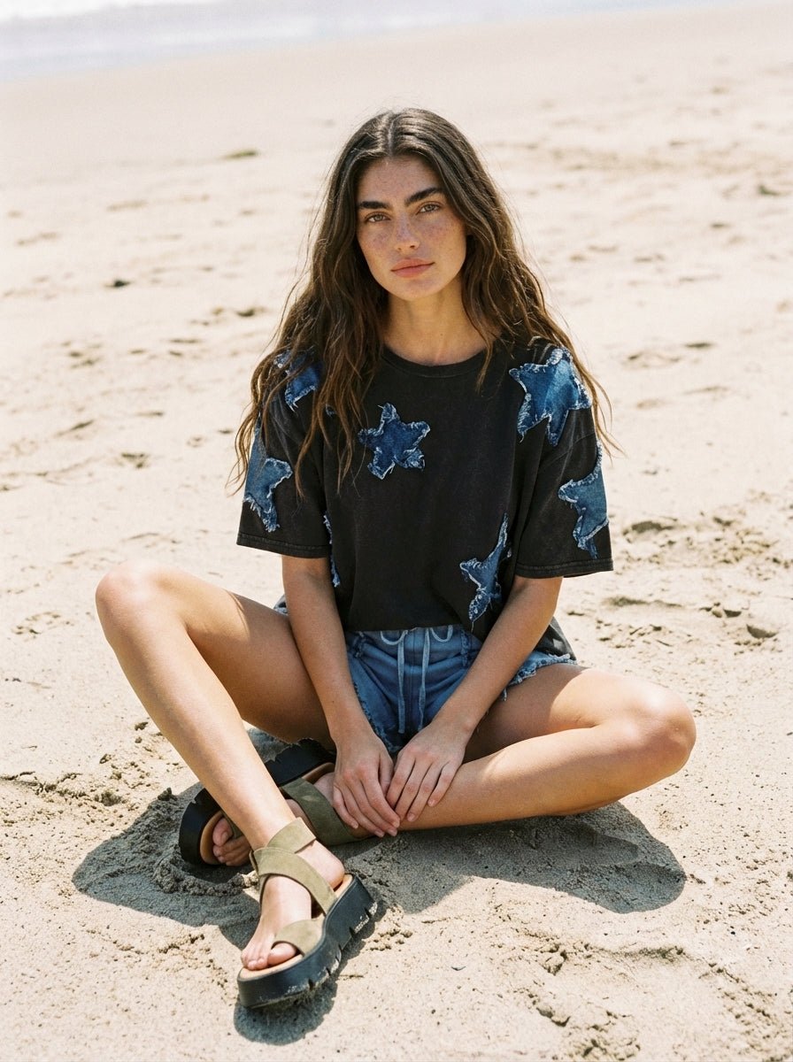 Hayden Denim Star Patch Oversized Tee - Westly
