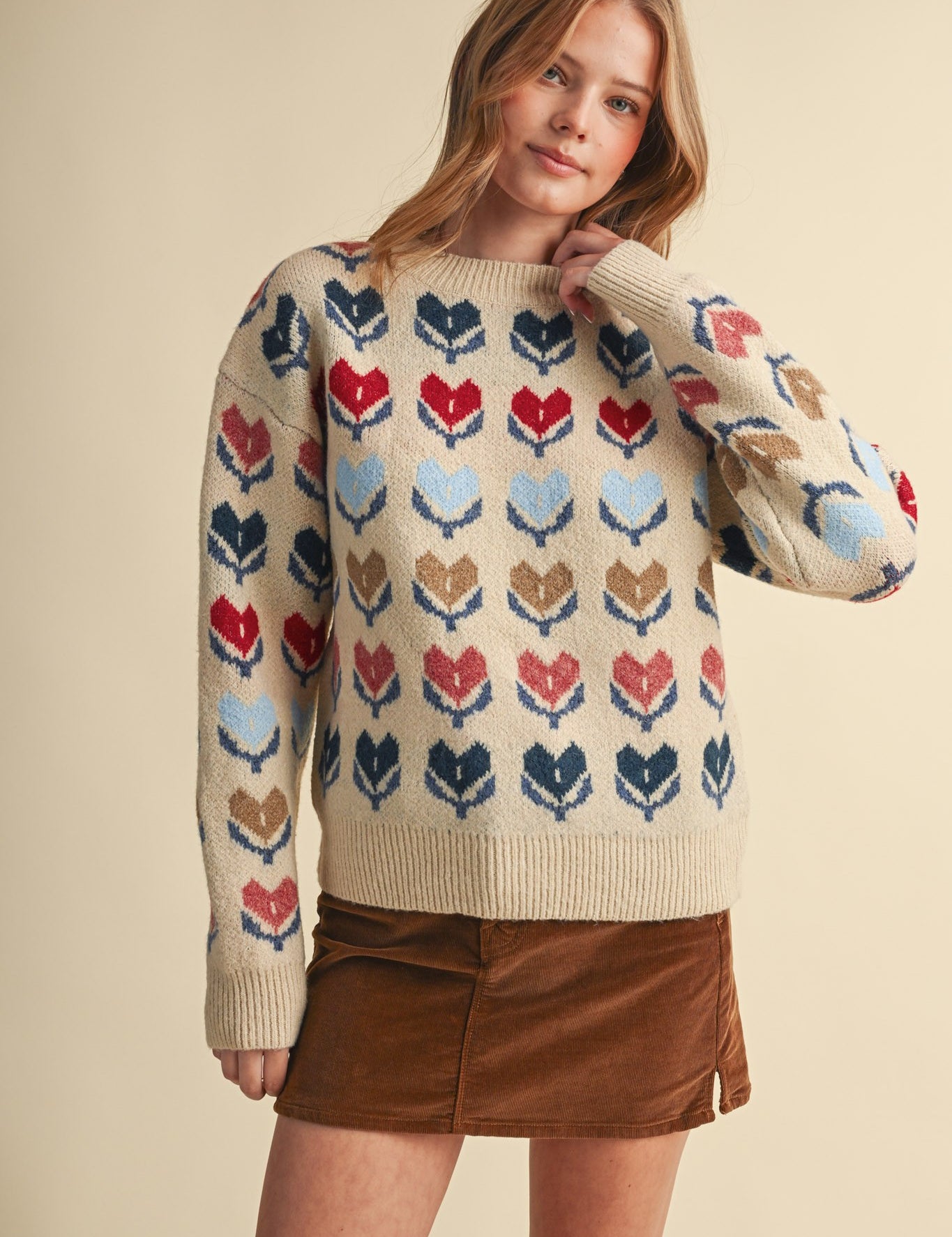 Heart Garden Pattern Knit Sweater in Almond Multi - product photo 1