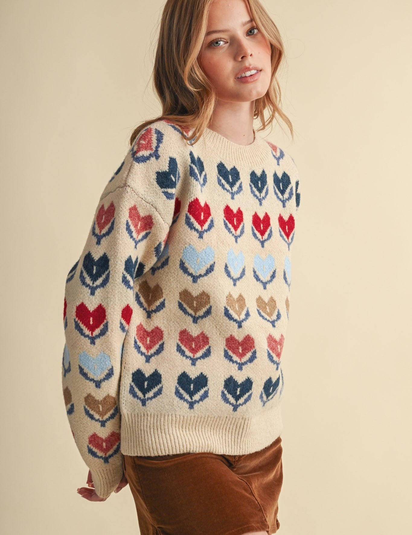 Heart Garden Pattern Knit Sweater in Almond Multi - product photo 2