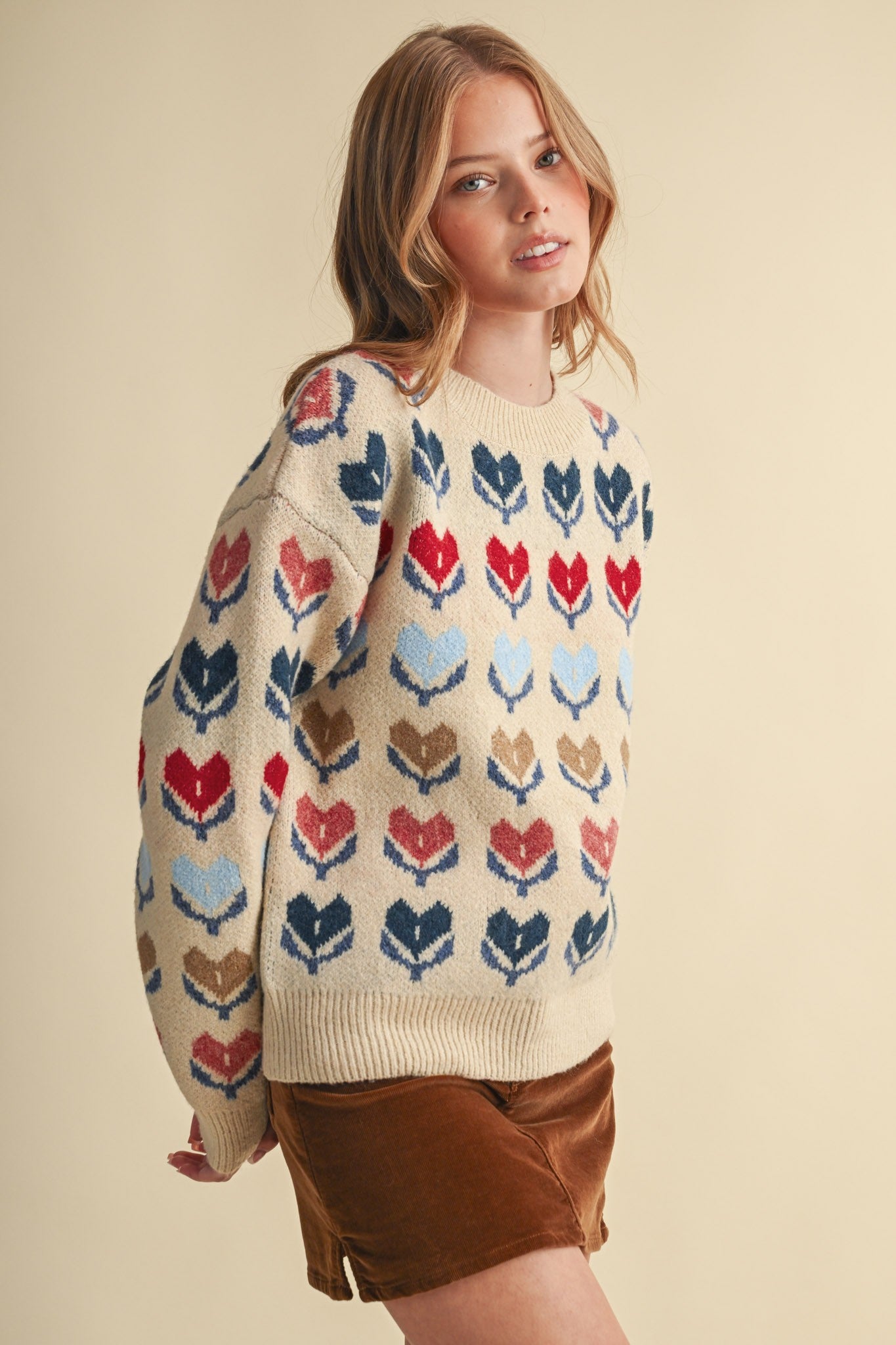 Heart Garden Pattern Knit Sweater in Almond Multi - product photo 2