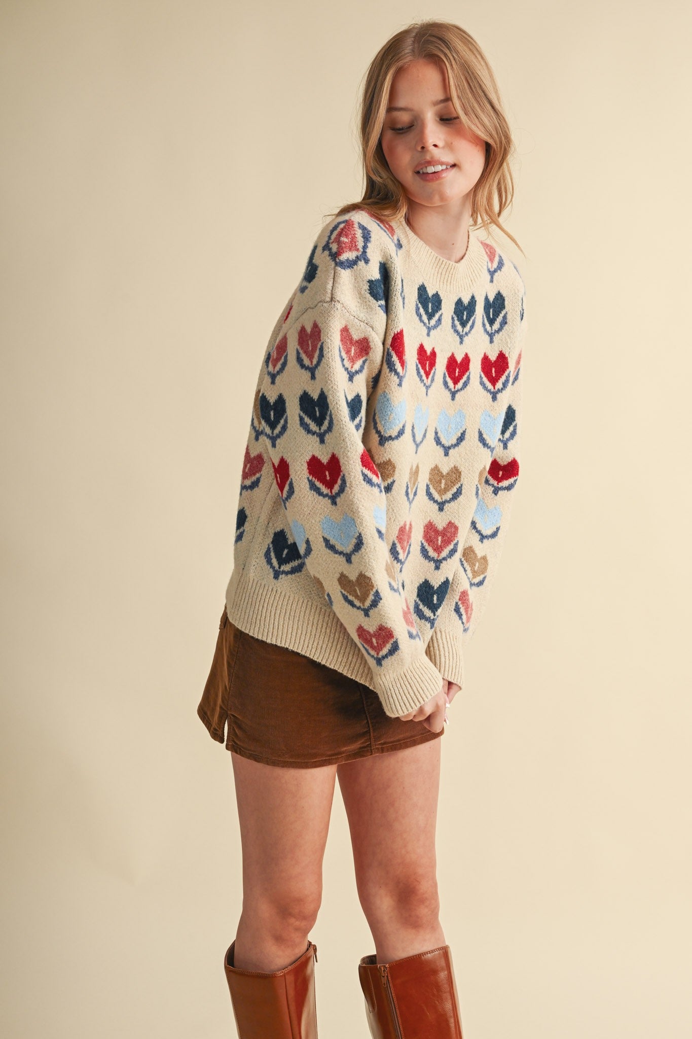 Heart Garden Pattern Knit Sweater in Almond Multi - product photo 3