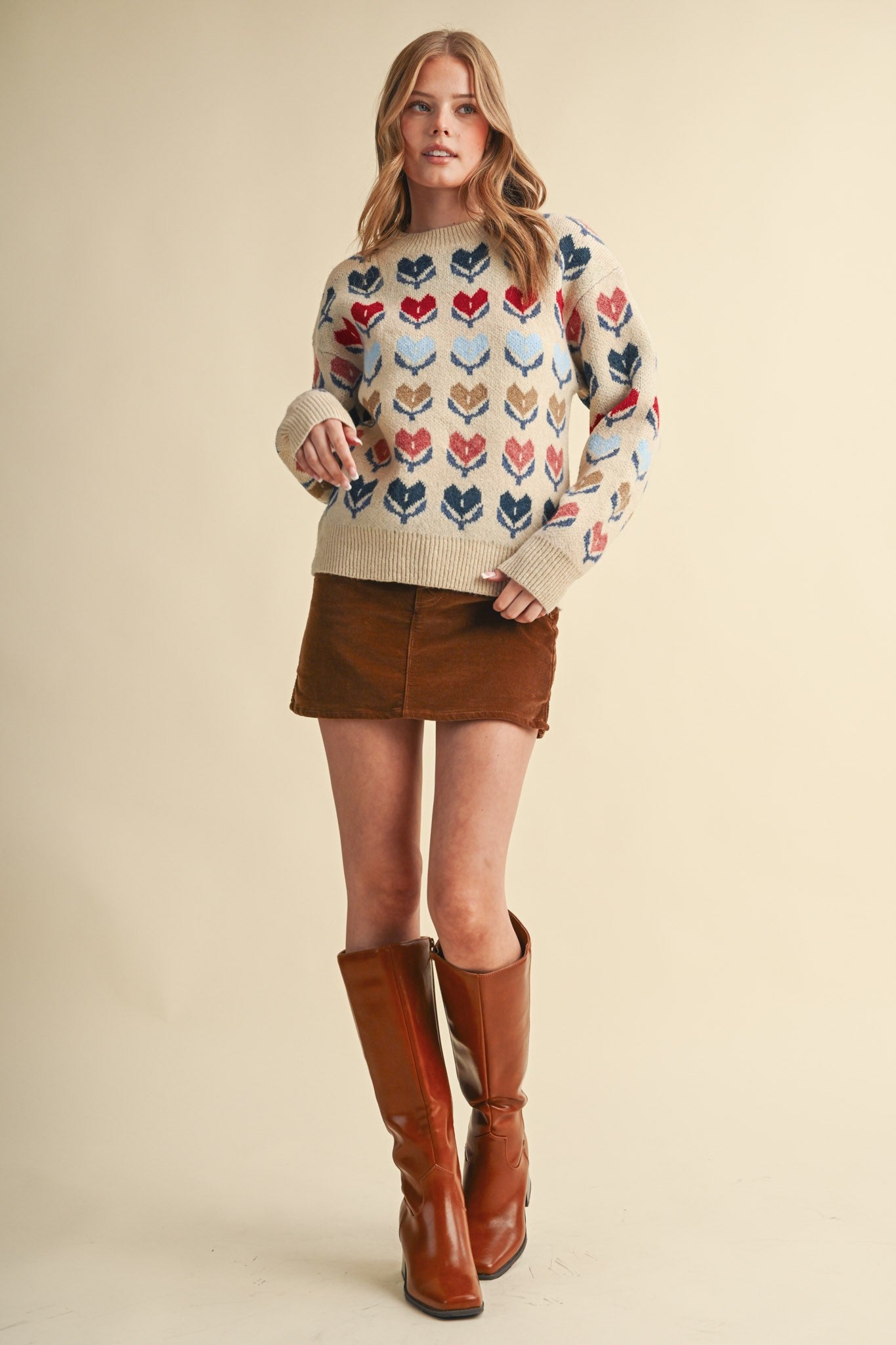 Heart Garden Pattern Knit Sweater in Almond Multi - product photo 6