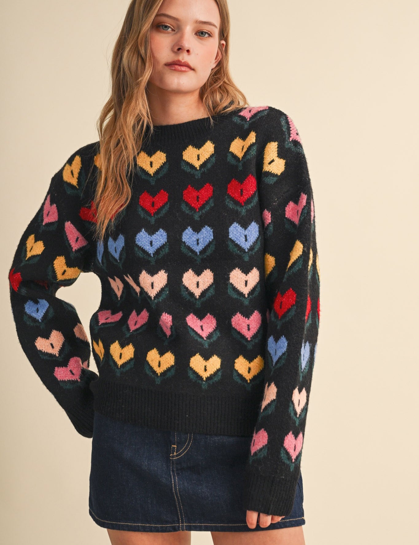 Heart Garden Pattern Knit Sweater in Black Multi - product photo 1