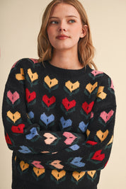 Heart Garden Pattern Knit Sweater in Black Multi - product photo 2
