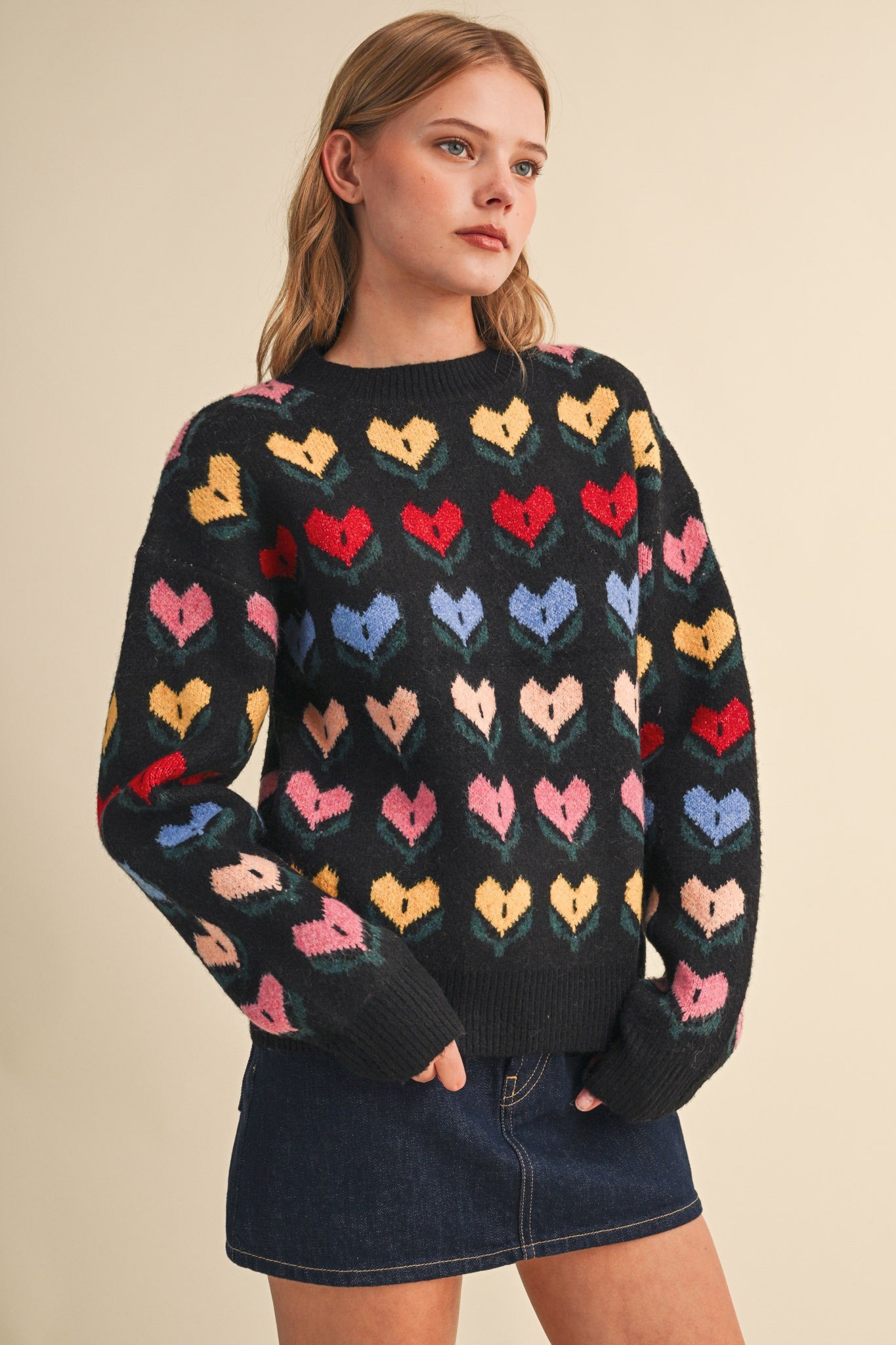 Heart Garden Pattern Knit Sweater in Black Multi - product photo 4