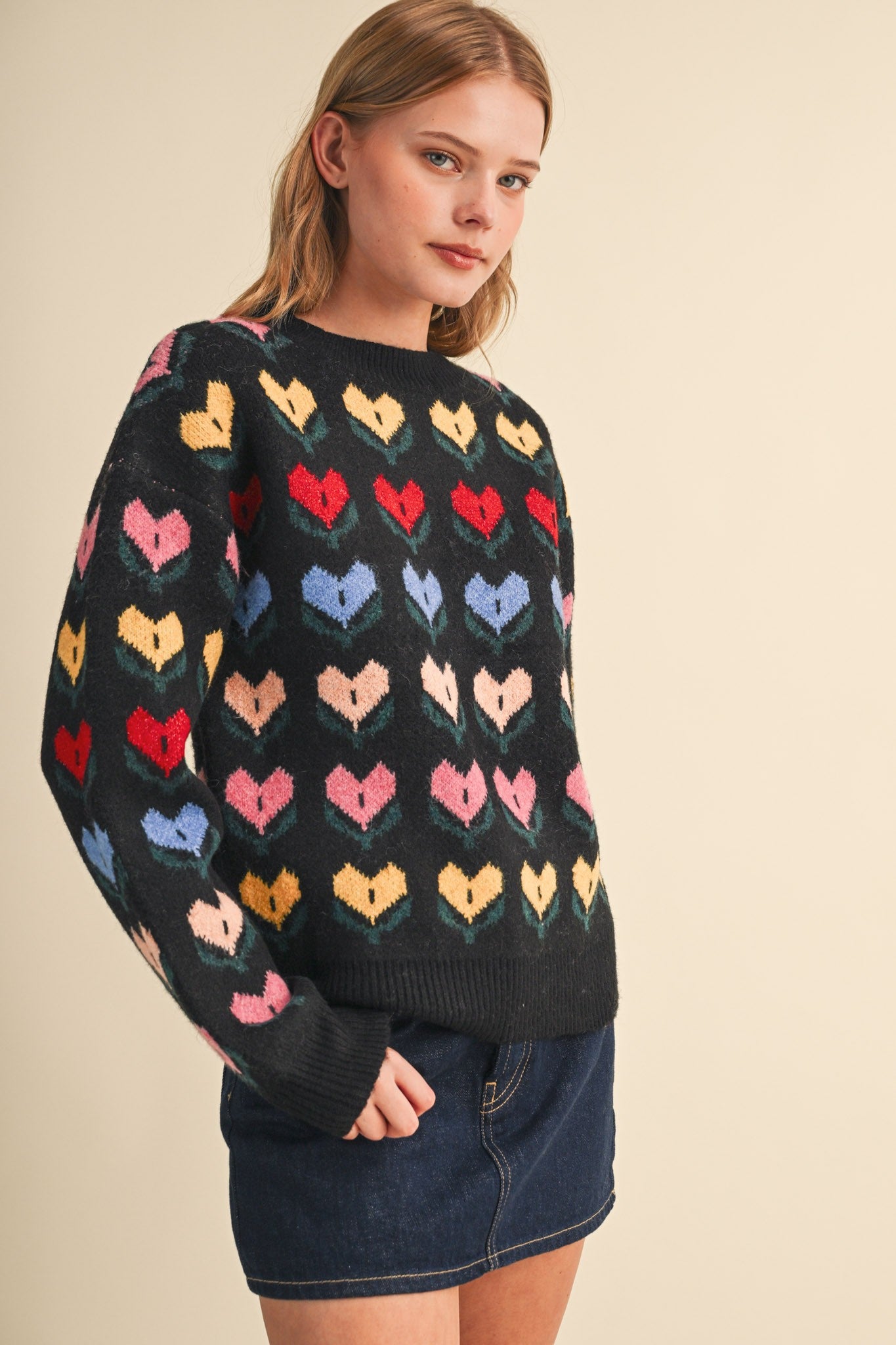 Heart Garden Pattern Knit Sweater in Black Multi - product photo 5