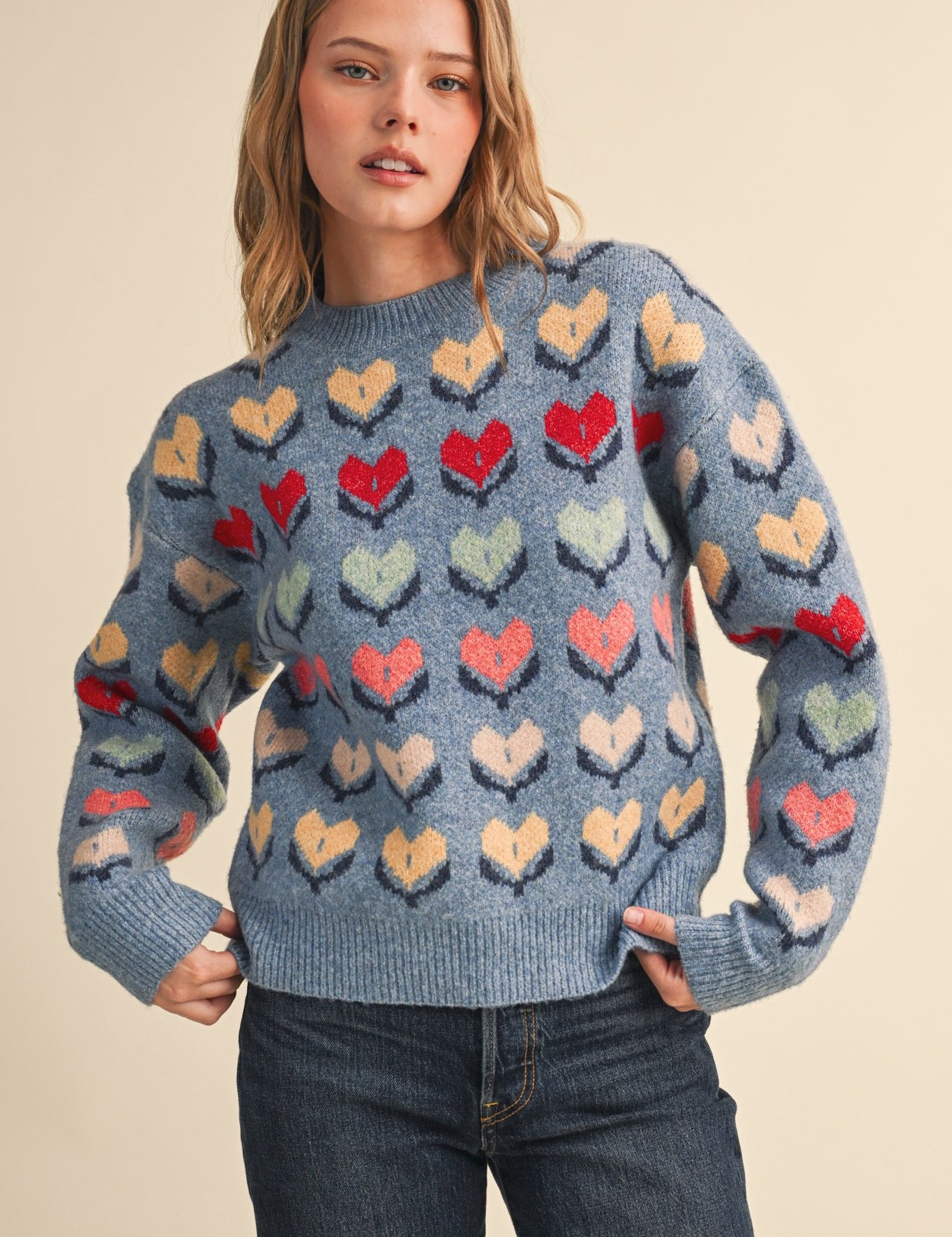 Heart Garden Pattern Knit Sweater in Blue Multi - product photo 1