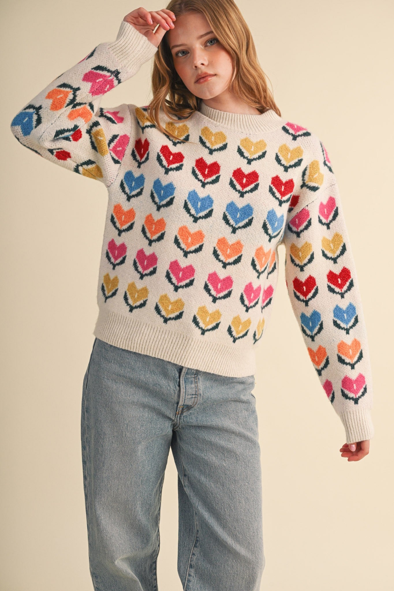 Heart Garden Pattern Knit Sweater in Ivory Multi - product photo 3