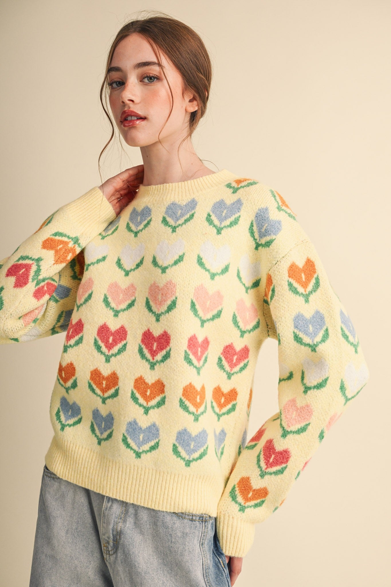 Heart Garden Pattern Knit Sweater in Lemon Multi - product photo 1