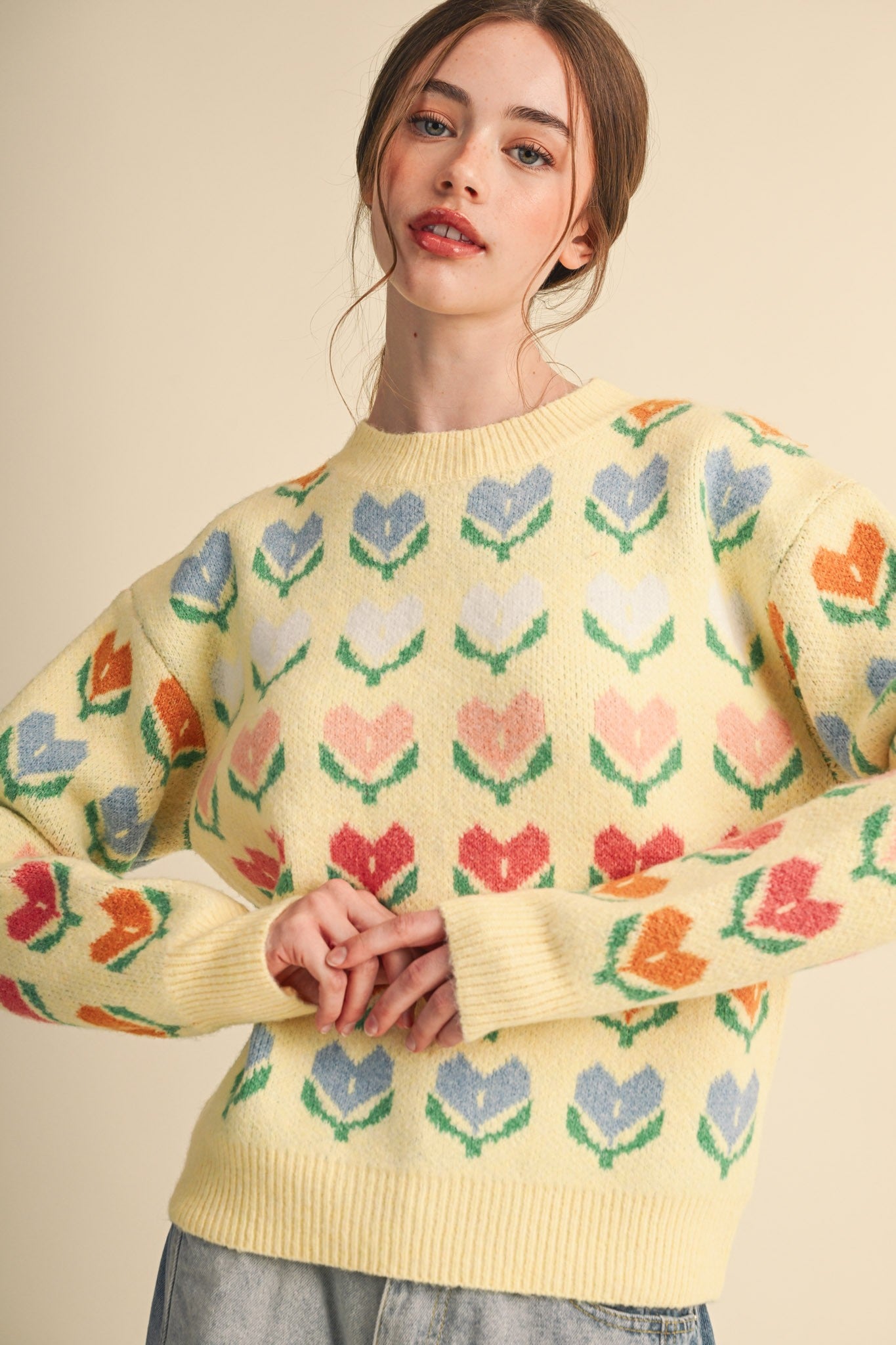 Heart Garden Pattern Knit Sweater in Lemon Multi - product photo 2