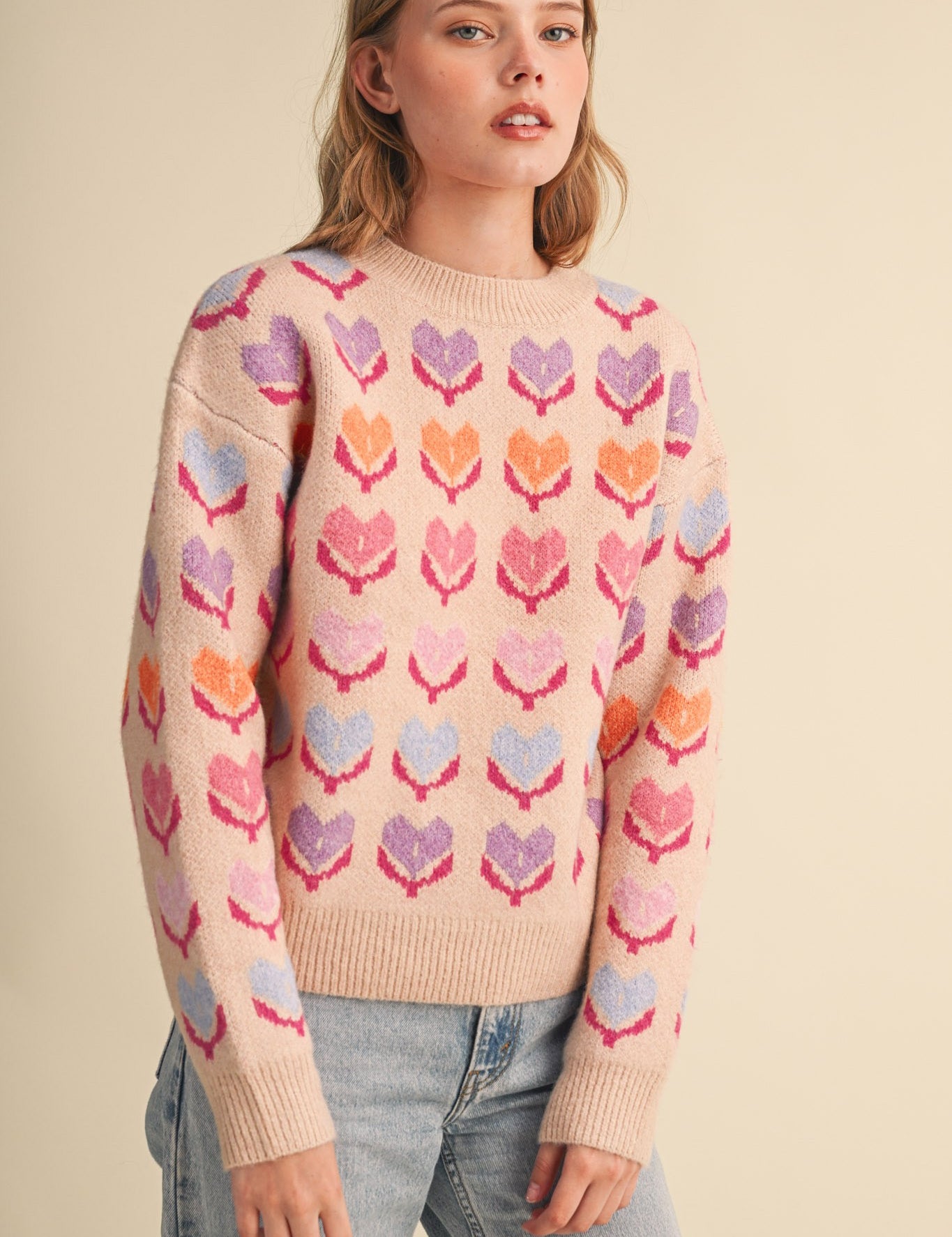 Heart Garden Pattern Knit Sweater in Oatmeal Multi - product photo 1