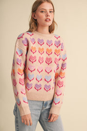 Heart Garden Pattern Knit Sweater in Oatmeal Multi - product photo 1