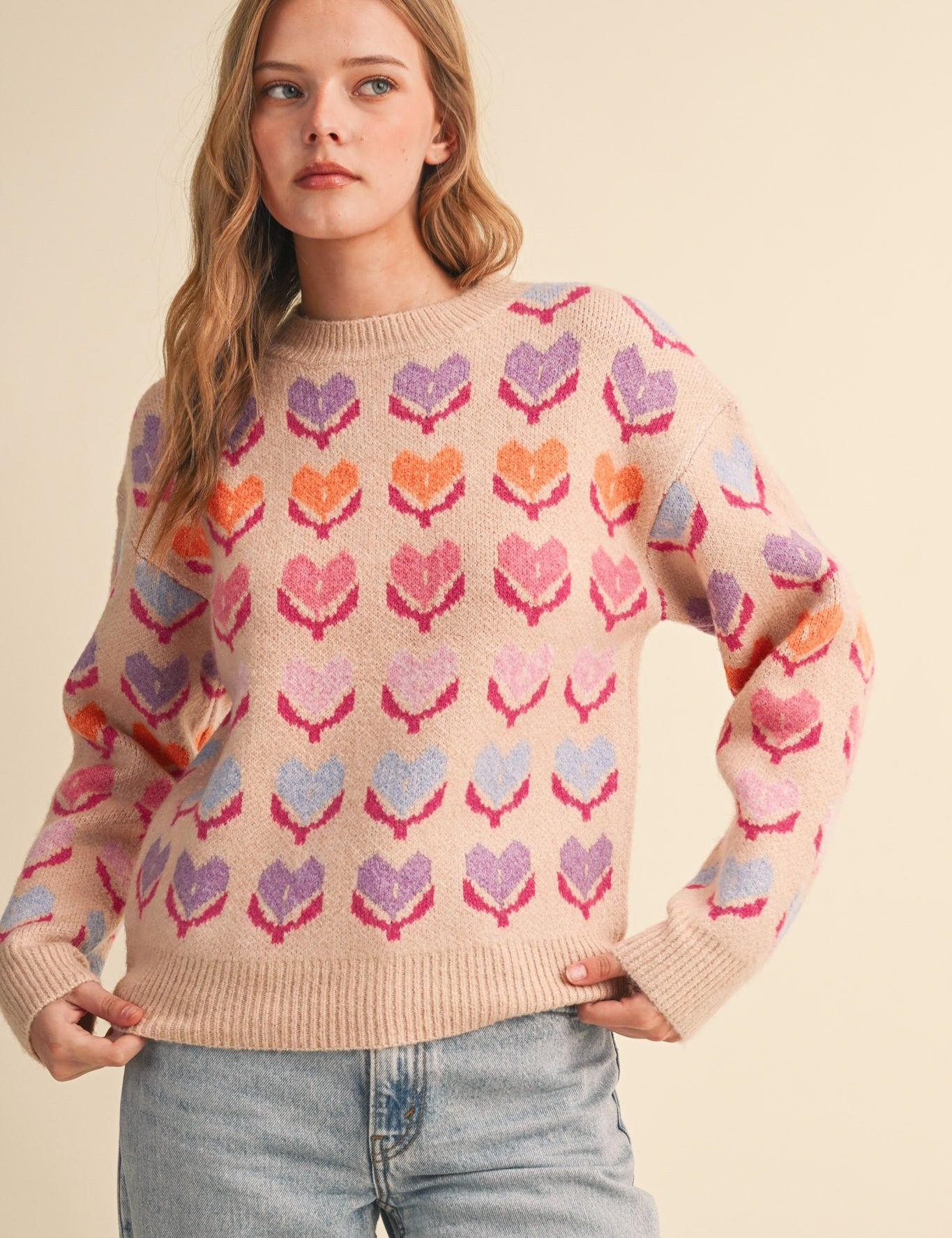 Heart Garden Pattern Knit Sweater in Oatmeal Multi - product photo 2
