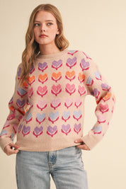 Heart Garden Pattern Knit Sweater in Oatmeal Multi - product photo 2