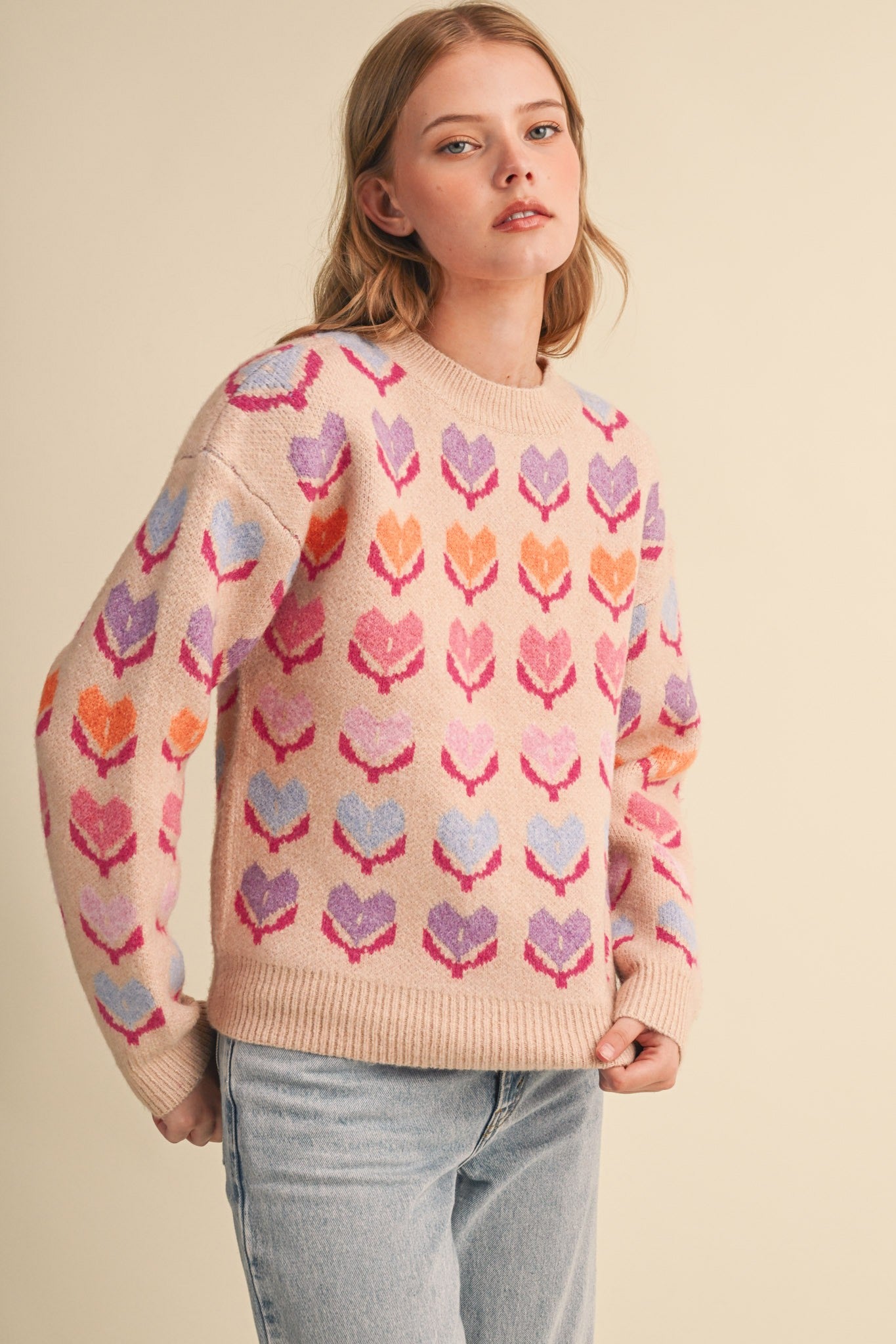 Heart Garden Pattern Knit Sweater in Oatmeal Multi - product photo 3
