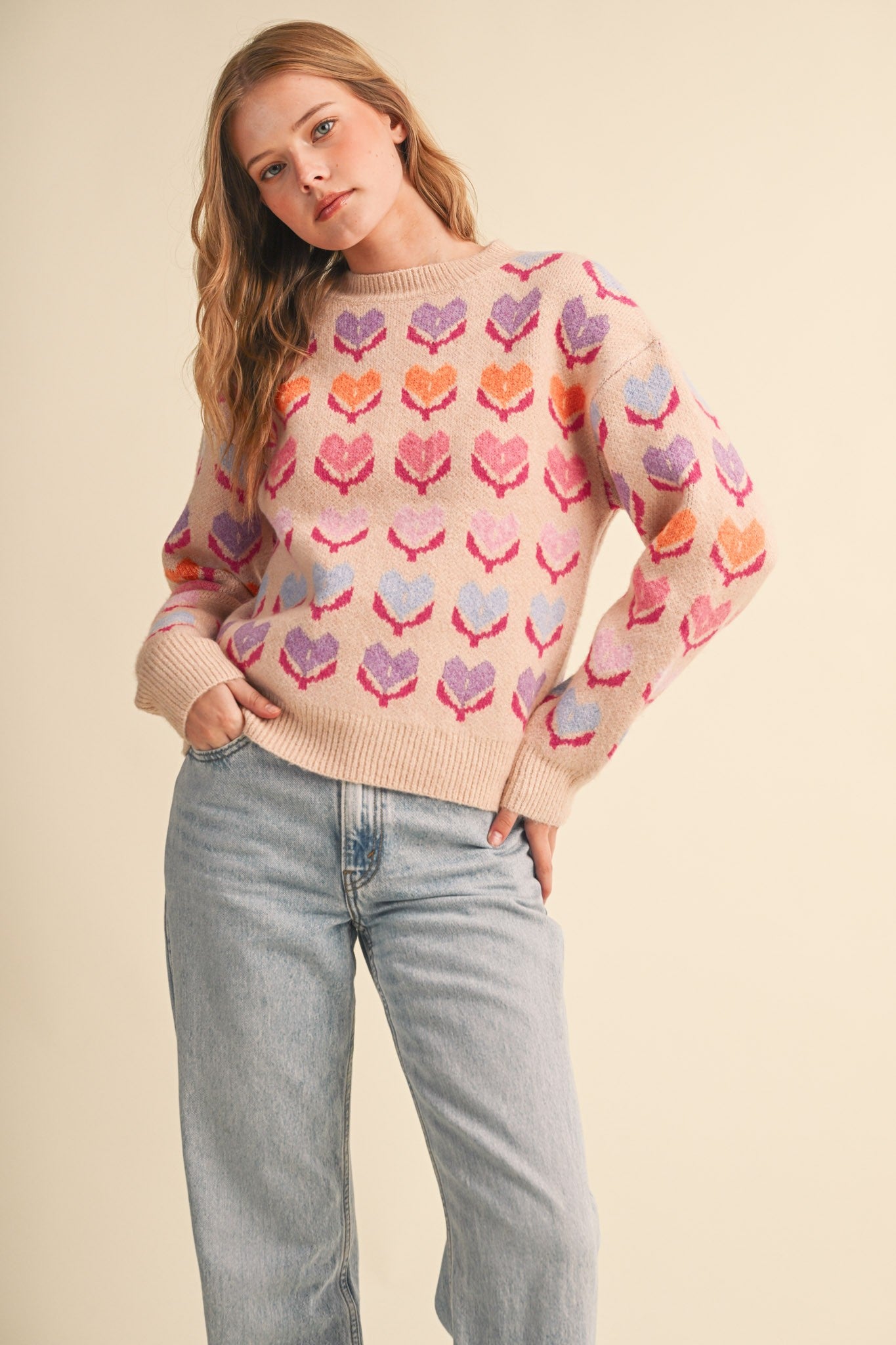 Heart Garden Pattern Knit Sweater in Oatmeal Multi - product photo 4