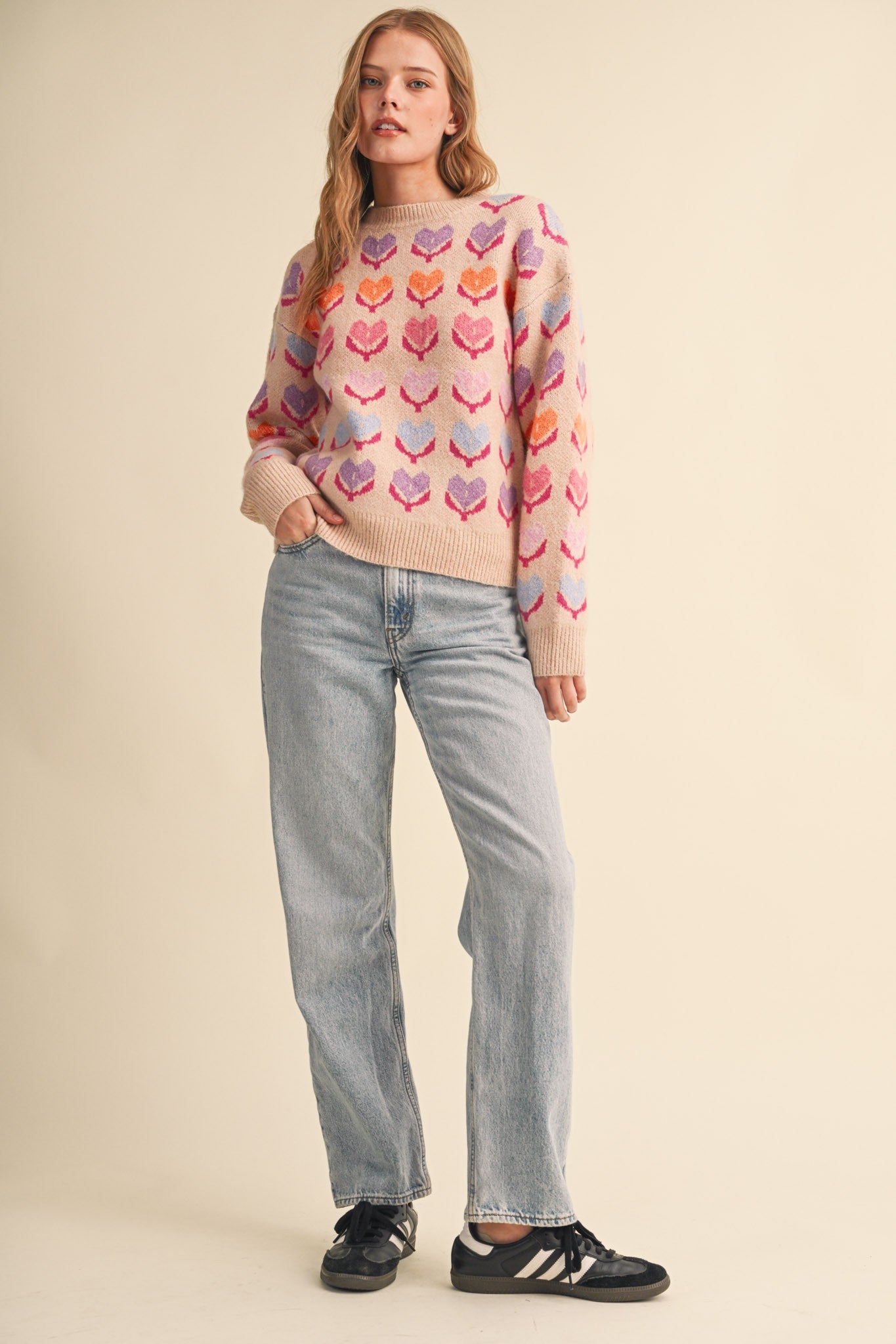 Heart Garden Pattern Knit Sweater in Oatmeal Multi - product photo 7