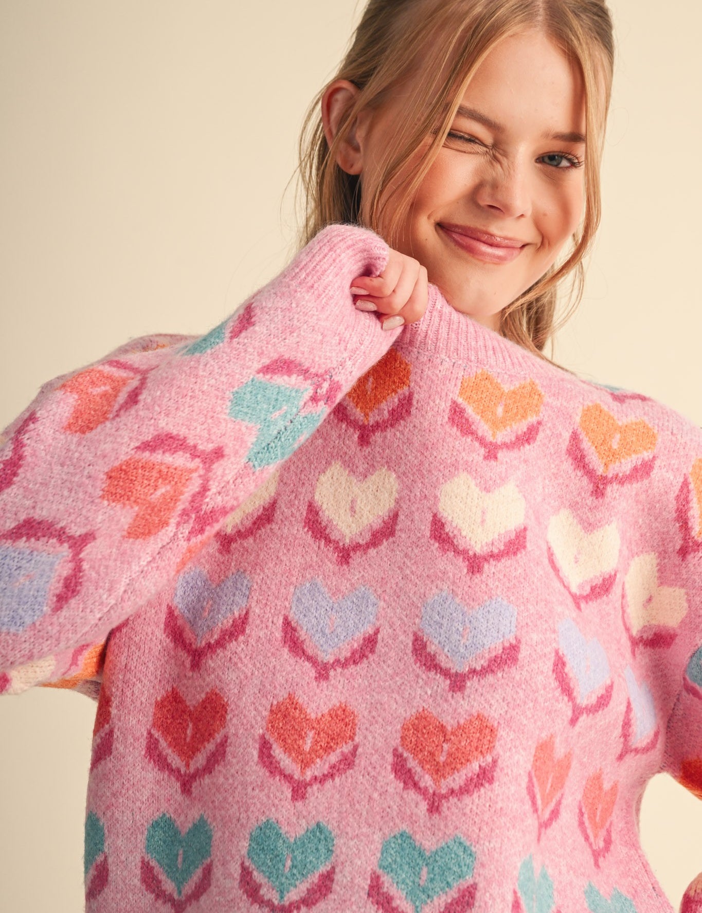 Heart Garden Pattern Knit Sweater in Pink Multi - product photo 2