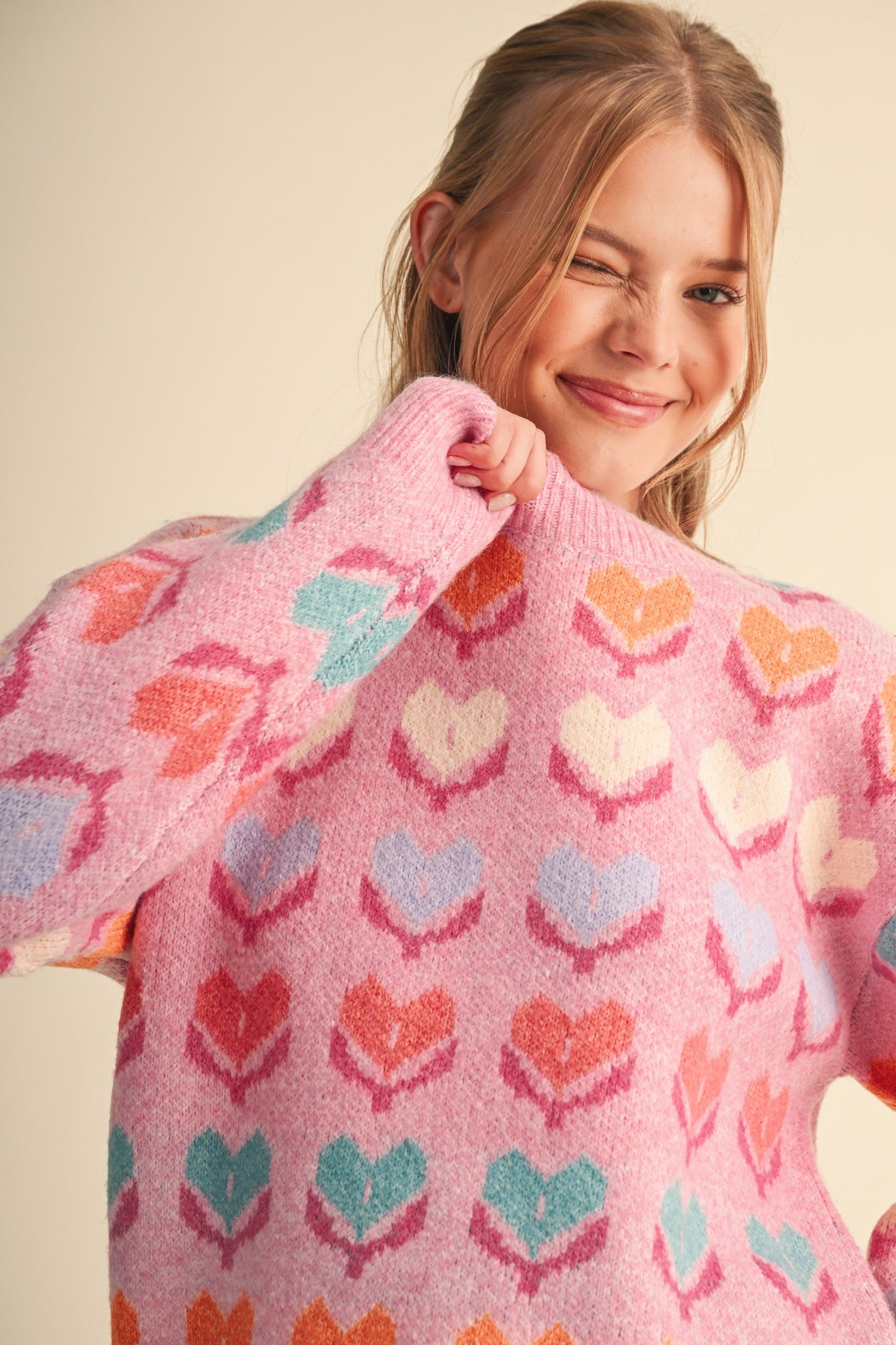 Heart Garden Pattern Knit Sweater in Pink Multi - product photo 2