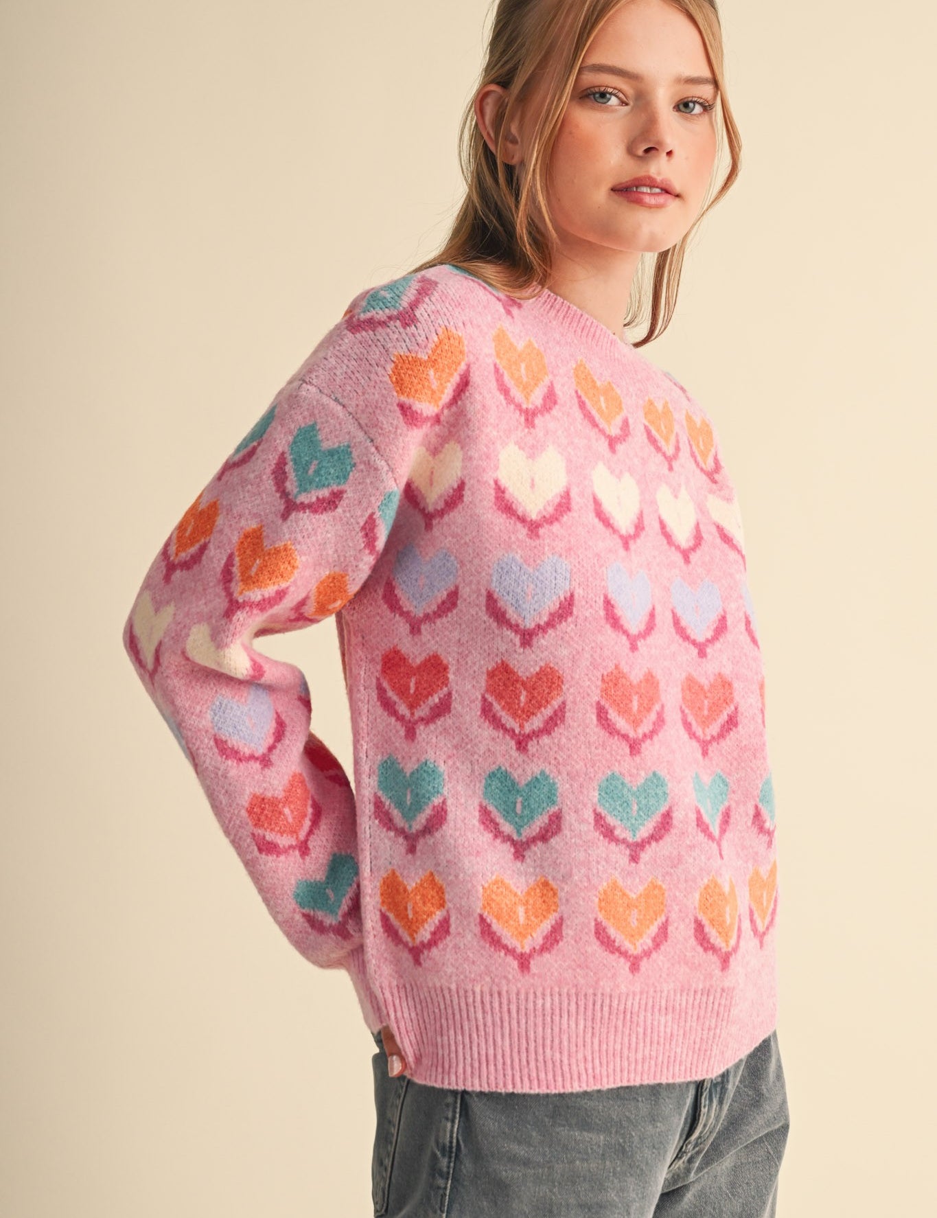 Heart Garden Pattern Knit Sweater in Pink Multi - product photo 4