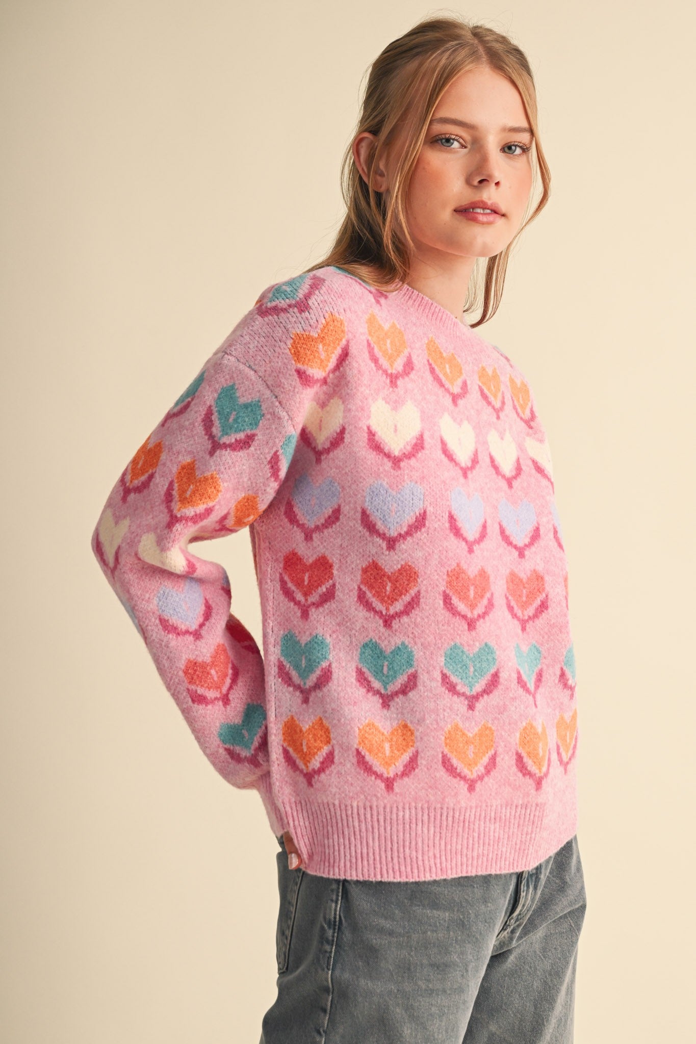 Heart Garden Pattern Knit Sweater in Pink Multi - product photo 4