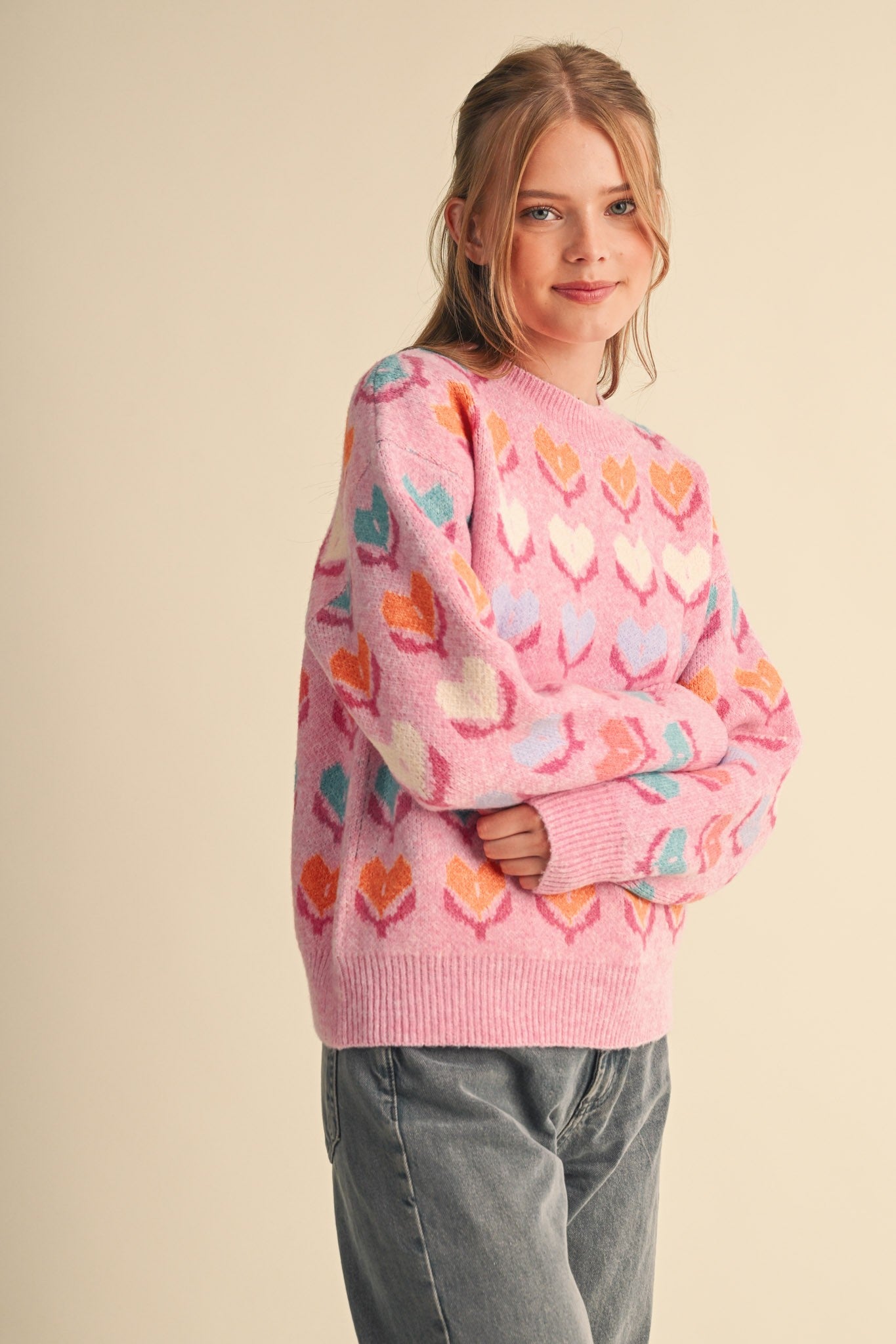 Heart Garden Pattern Knit Sweater in Pink Multi - product photo 5