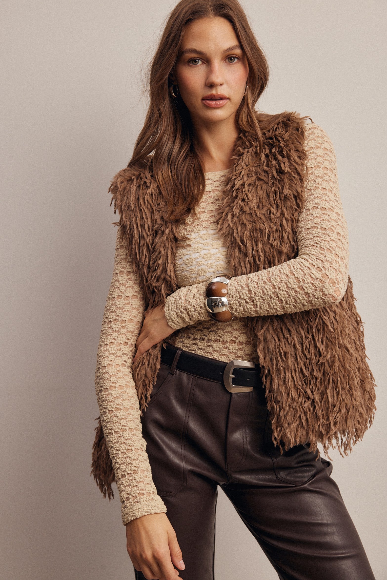 Hearthwood Shaggy Faux Fur Vest in Brown, photo 2