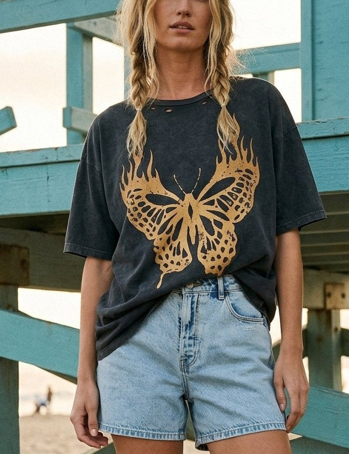 Heatwave Butterfly Distressed Vintage - Wash Oversize Graphic Tee - Westly