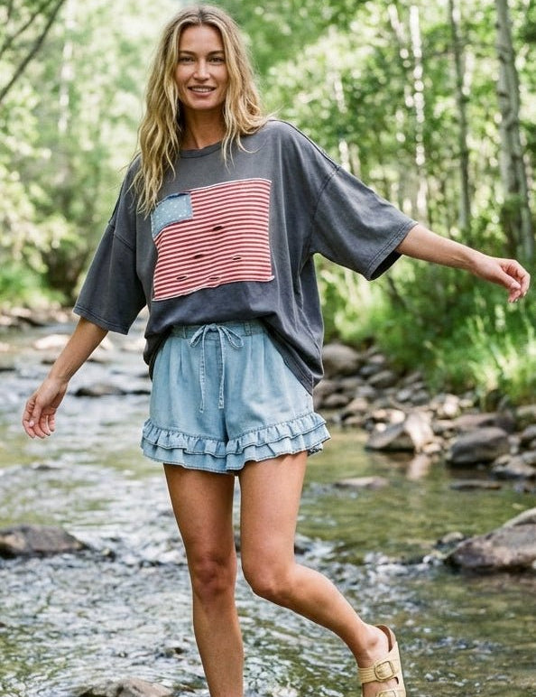 Hensley American Flag Patch Washed Top - Westly