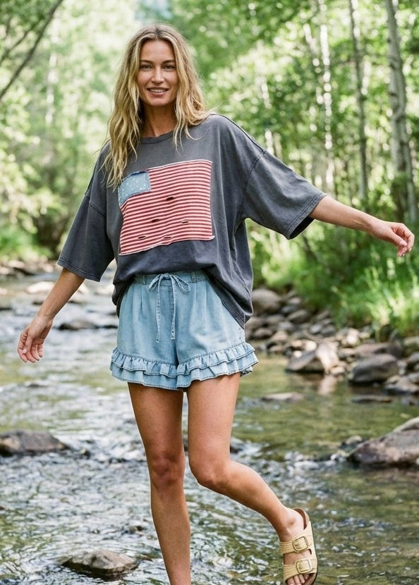 Hensley American Flag Patch Washed Top - Westly