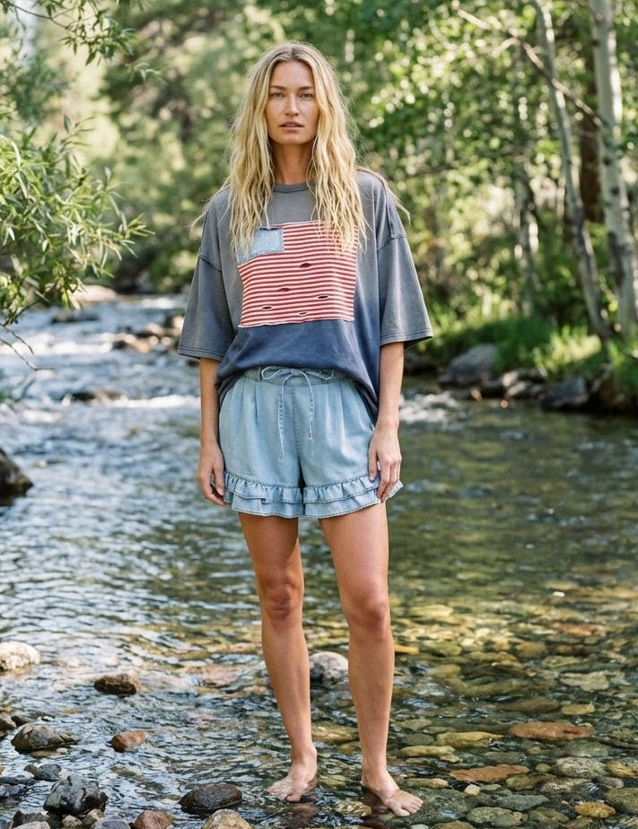 Hensley American Flag Patch Washed Top - Westly