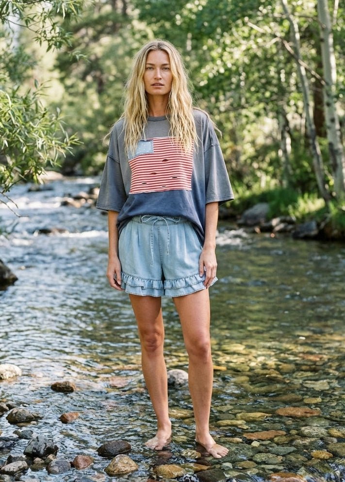 Hensley American Flag Patch Washed Top - Westly