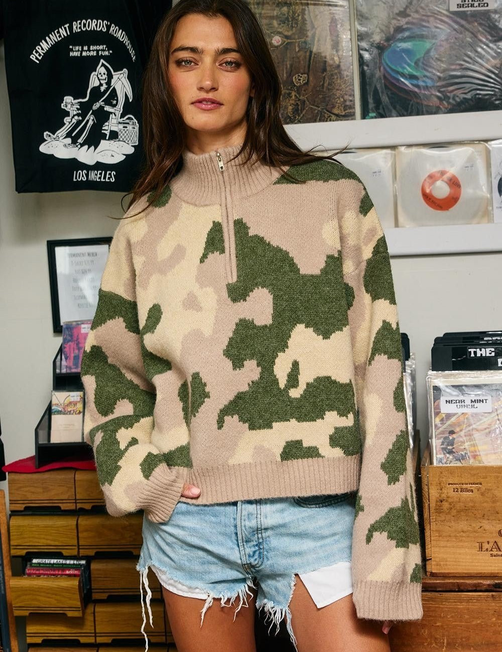 Hideaway Half-Zip Mock-Neck Camo Sweater - Westly
