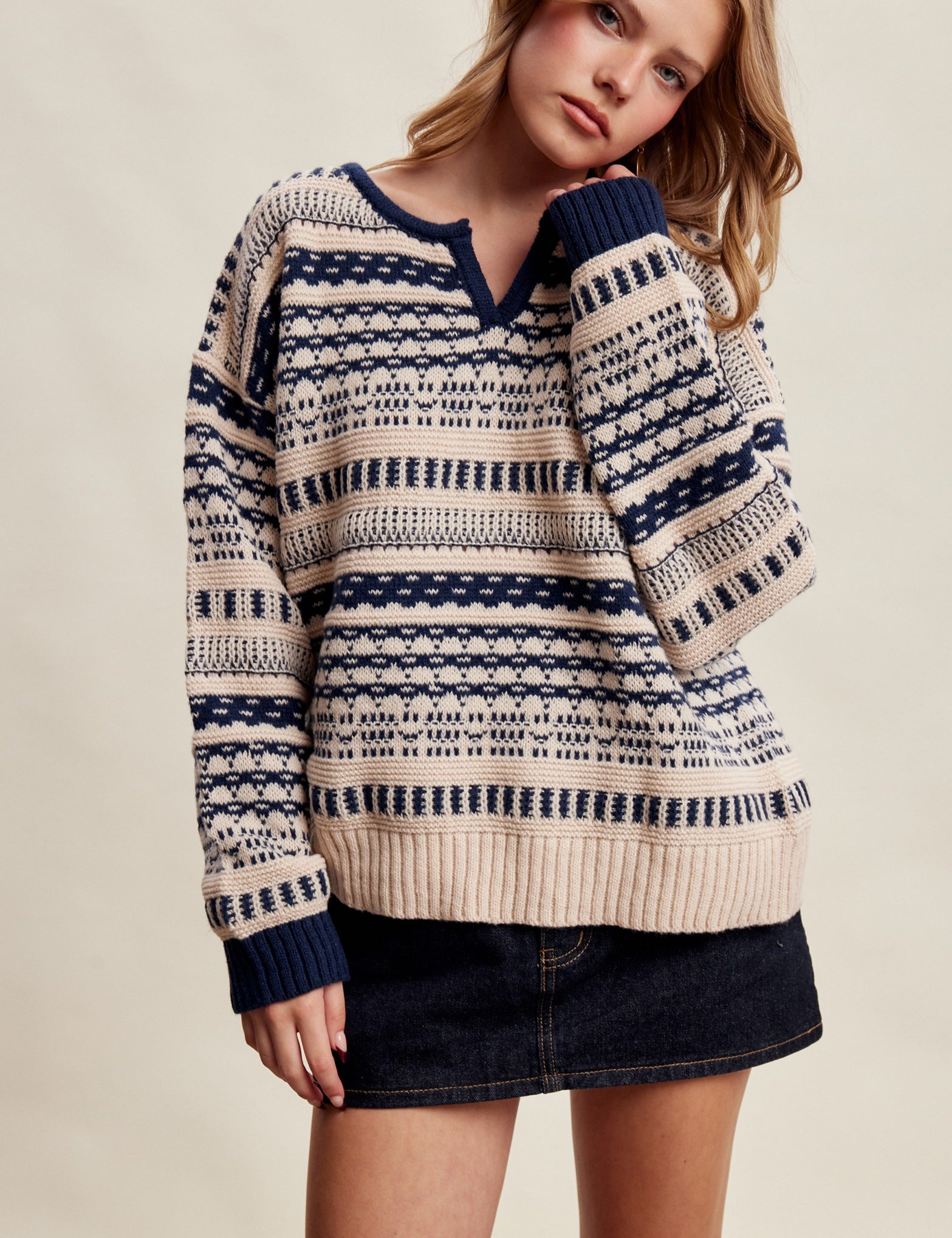 Highland Crossing Fair Isle Split Neck Sweater in Cream Navy - product photo 1