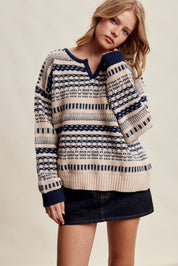 Highland Crossing Fair Isle Split Neck Sweater in Cream Navy - product photo 1