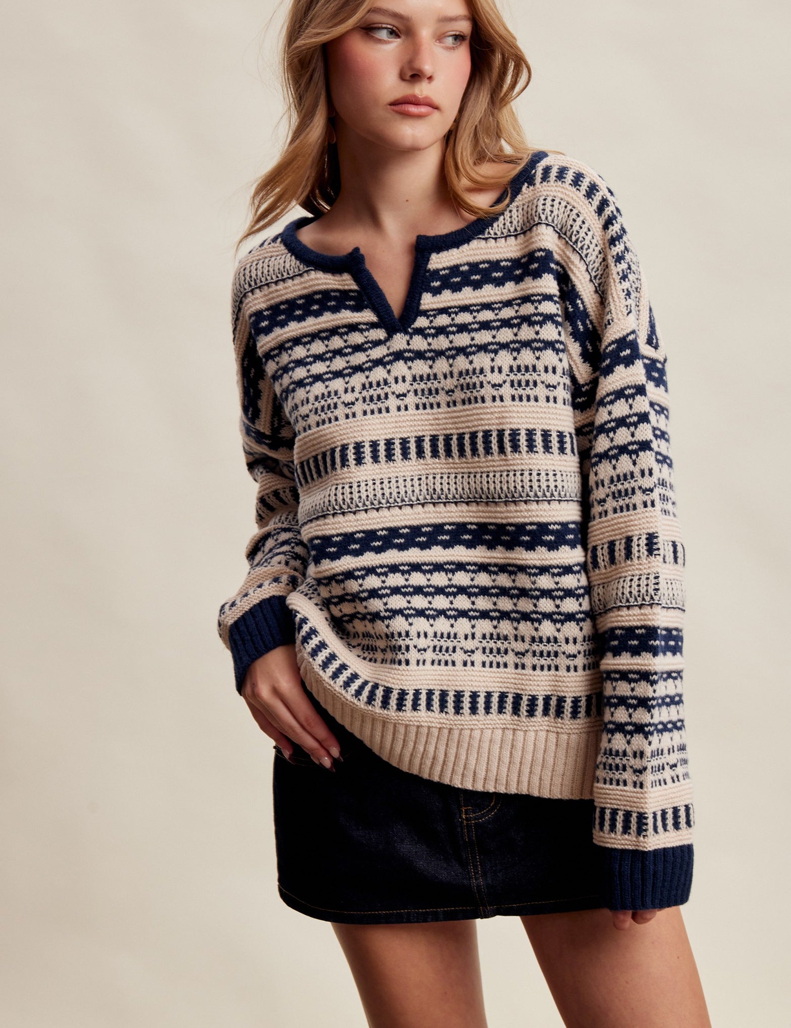 Highland Crossing Fair Isle Split Neck Sweater in Cream Navy - product photo 2