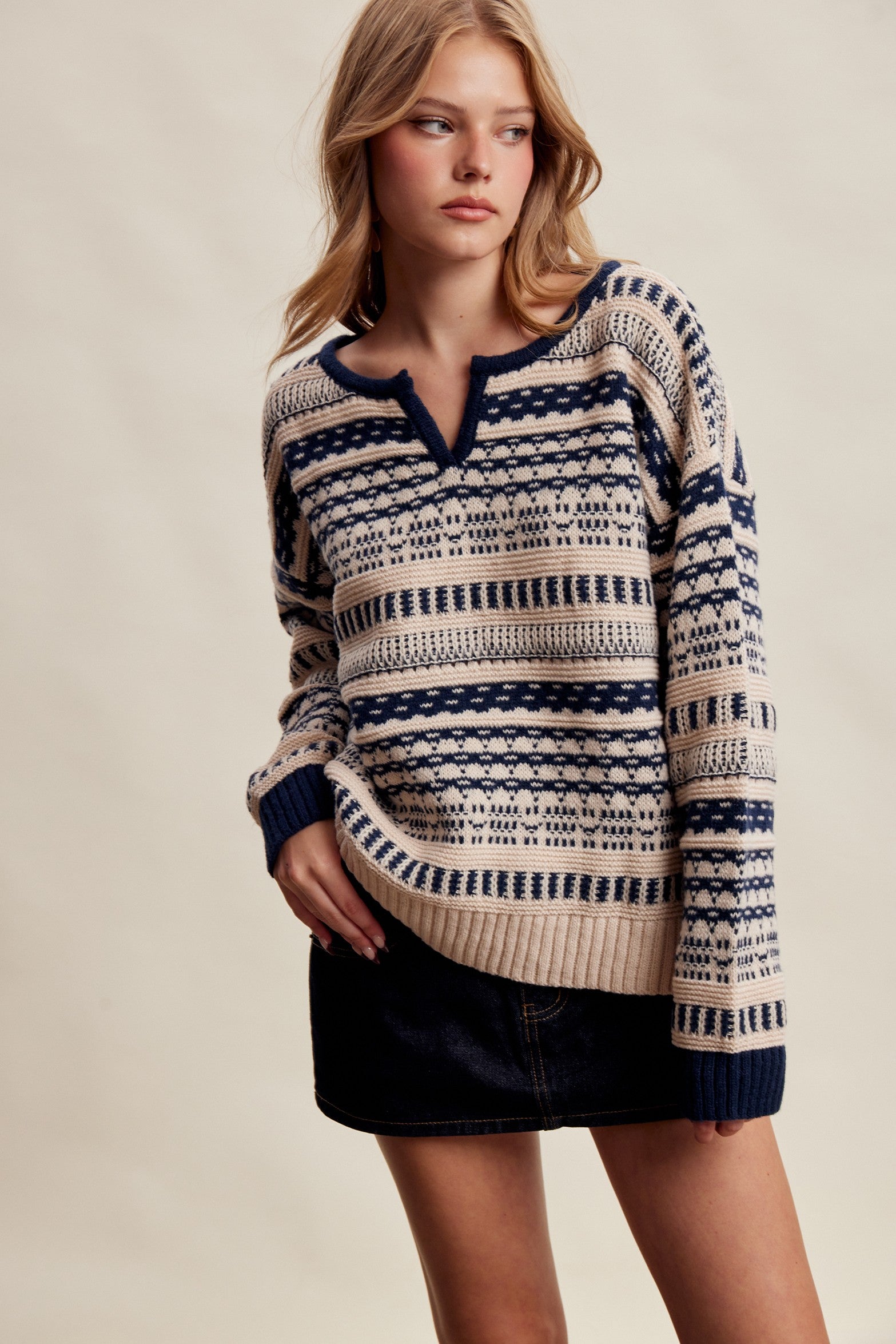 Highland Crossing Fair Isle Split Neck Sweater in Cream Navy - product photo 2