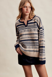 Highland Crossing Fair Isle Split Neck Sweater in Cream Navy - product photo 2