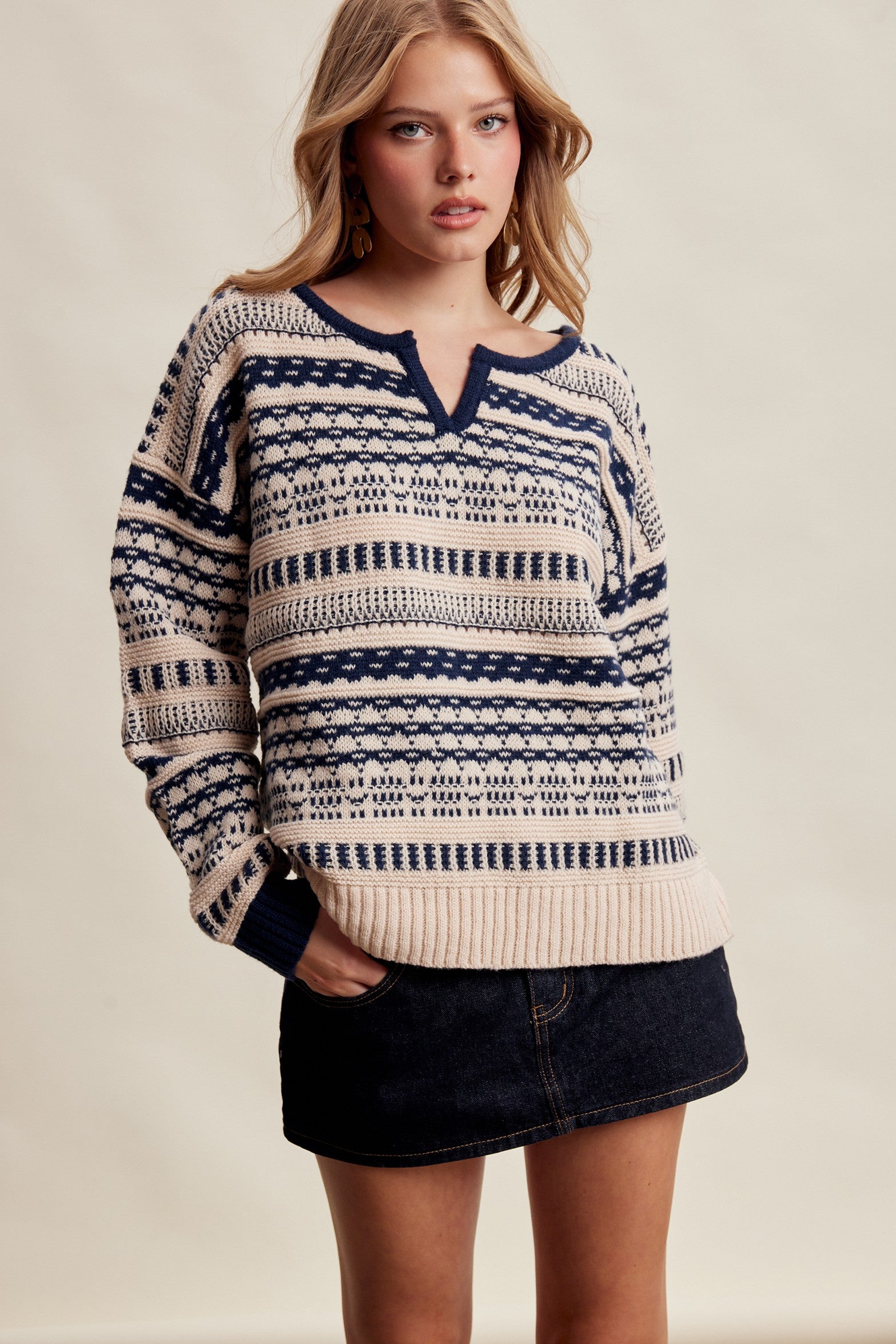 Highland Crossing Fair Isle Split Neck Sweater in Cream Navy - product photo 3