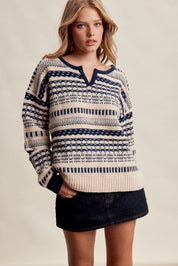 Highland Crossing Fair Isle Split Neck Sweater in Cream Navy - product photo 3