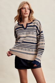Highland Crossing Fair Isle Split Neck Sweater in Cream Navy - product photo 4