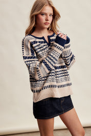 Highland Crossing Fair Isle Split Neck Sweater in Cream Navy - product photo 5