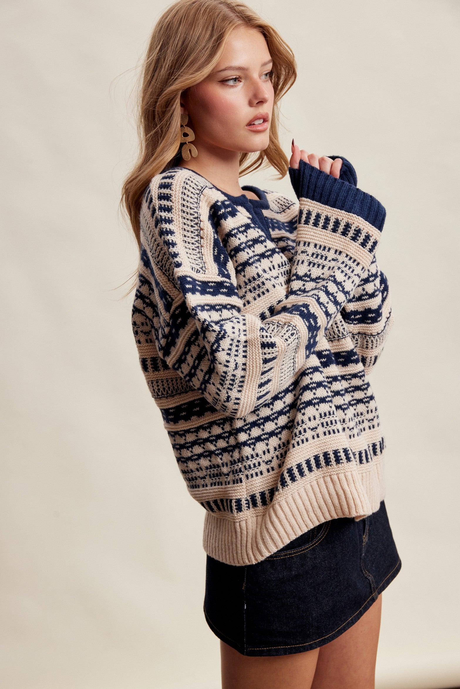 Highland Crossing Fair Isle Split Neck Sweater in Cream Navy - product photo 6