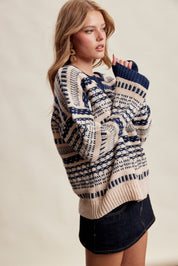 Highland Crossing Fair Isle Split Neck Sweater in Cream Navy - product photo 6