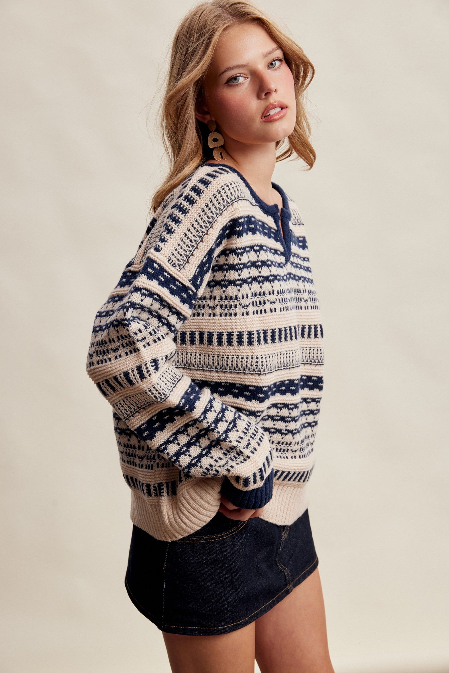 Highland Crossing Fair Isle Split Neck Sweater in Cream Navy - product photo 7