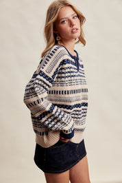 Highland Crossing Fair Isle Split Neck Sweater in Cream Navy - product photo 7